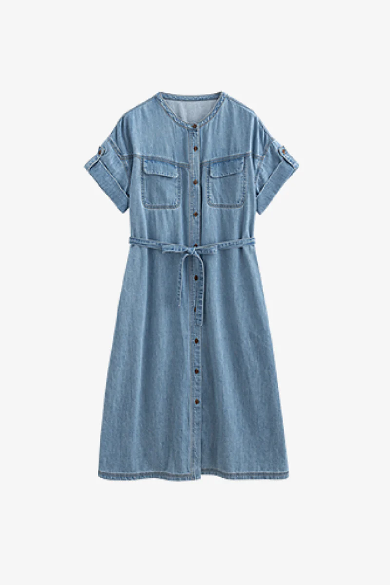 Denim Short-Sleeve Button-Up Belted Midi Shirt Dress with Back Slit - HBQMJX