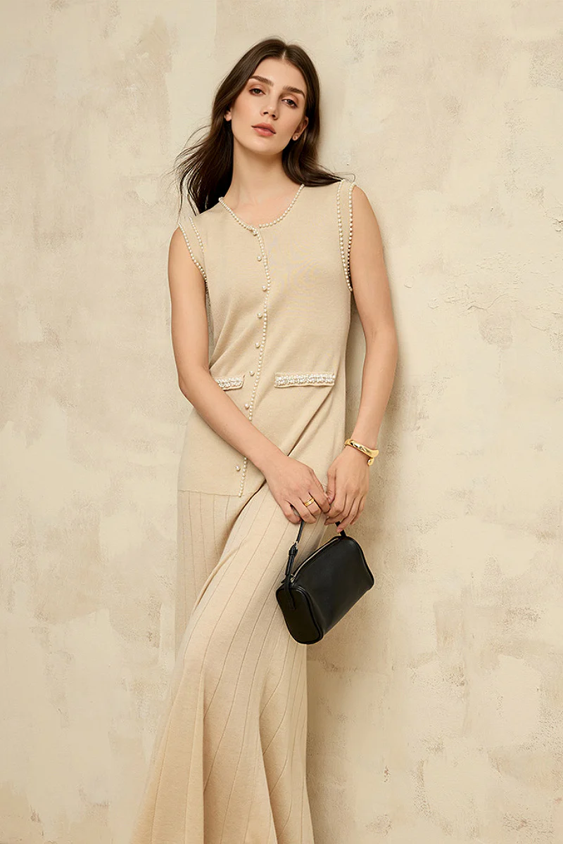 French Sleeveless Handmade Embellished Knit Midi Dress - HBQMJX