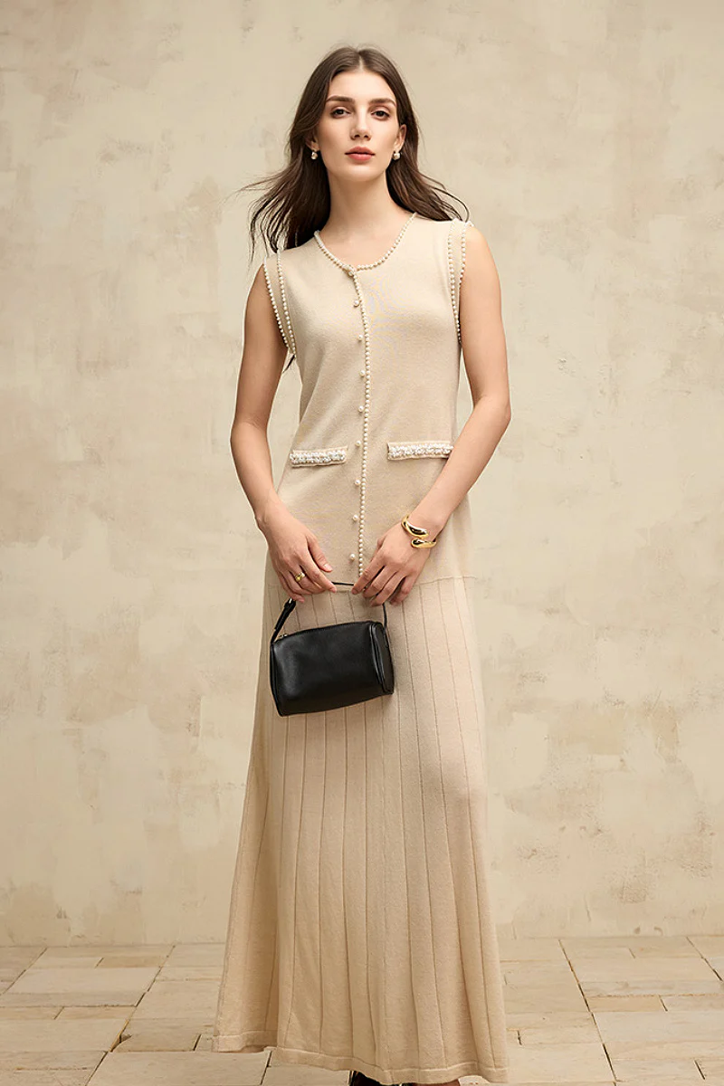 French Sleeveless Handmade Embellished Knit Midi Dress - HBQMJX