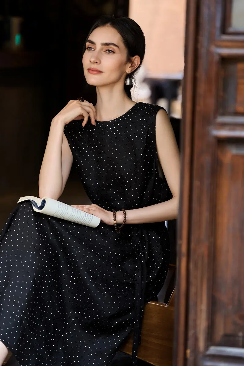 100 Linen Polka Dot Sleeveless Midi Dress with Pockets - HBQMJX