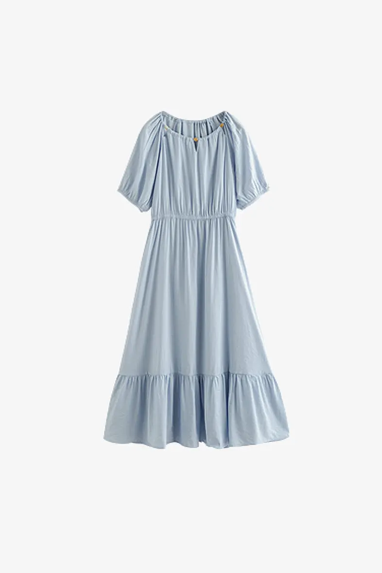 Baby Blue Textured Vacation Midi Dress with Beaded Neckline - HBQMJX