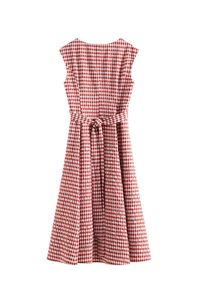 Red Gingham A-Line Midi Dress with Back Tie - HBQMJX