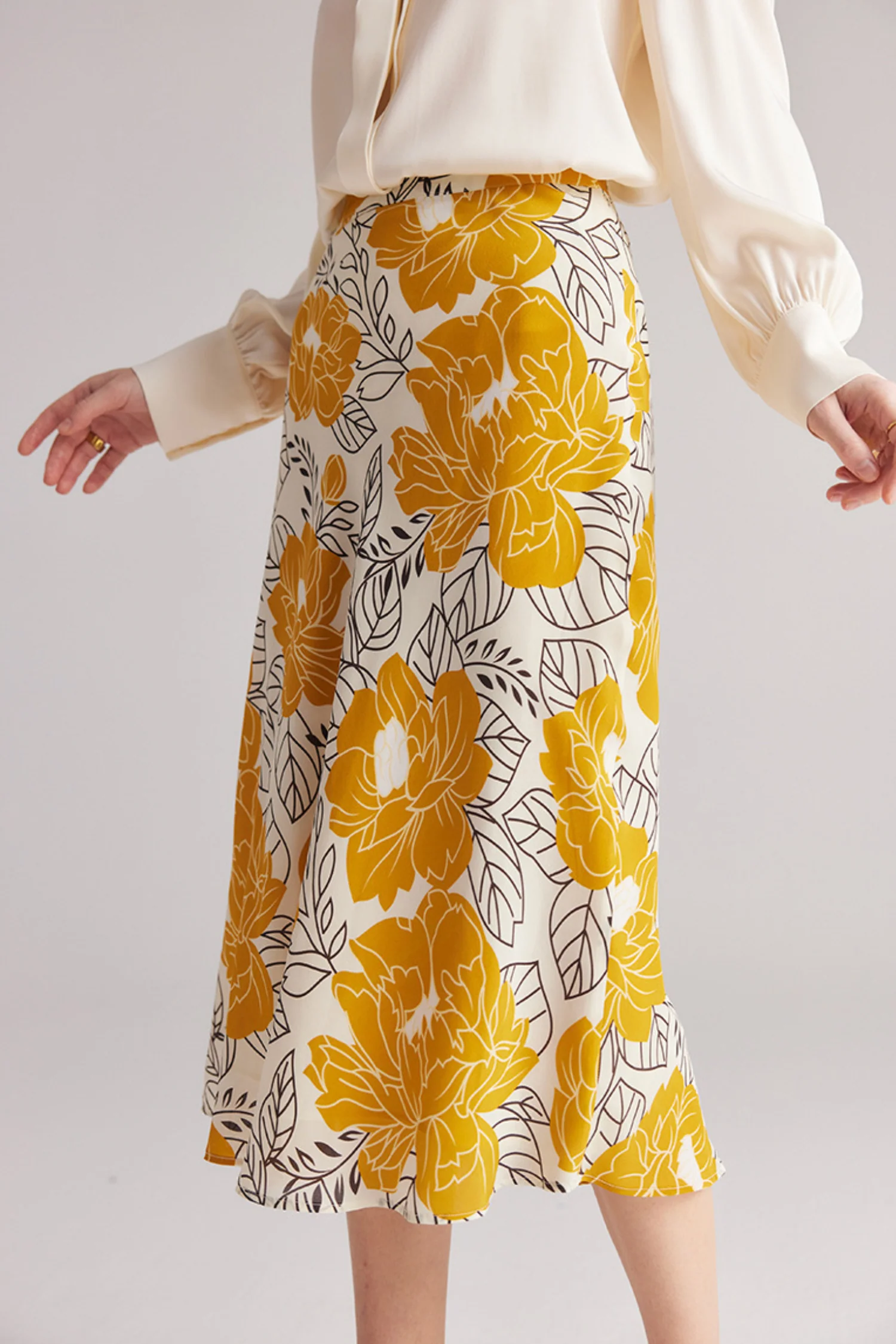 High Waisted A-Line Silk Floral Midi Skirt - HBQMJX