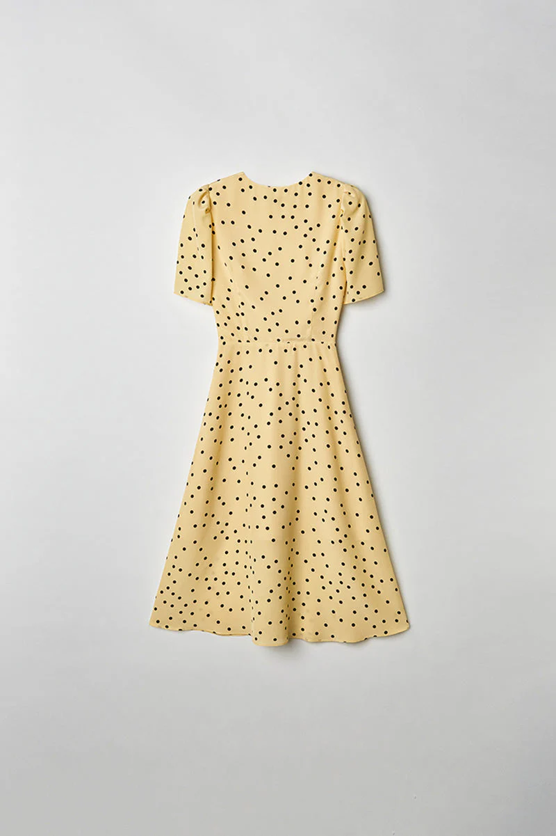 Yellow 100 Heavy Silk Crepe Polka Dot Midi Dress - HBQMJX