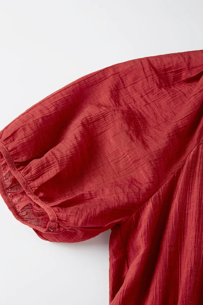 Red Beaded Puff-Sleeve A-Line Midi Dress - HBQMJX