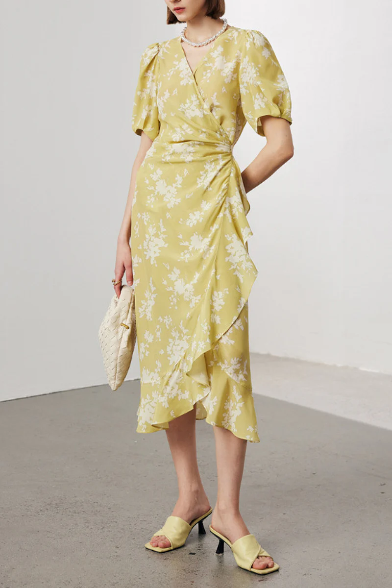 100 Mulberry Silk Floral Puff-Sleeve V-Neck Ruffle Wrap Midi Dress - HBQMJX