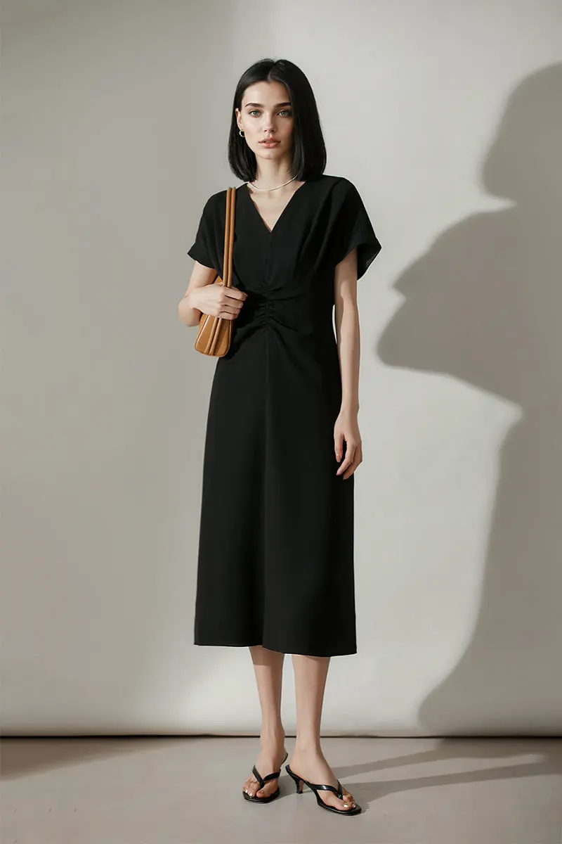 Black Triacetate V-Neck Gathered Waist Midi Dress - HBQMJX