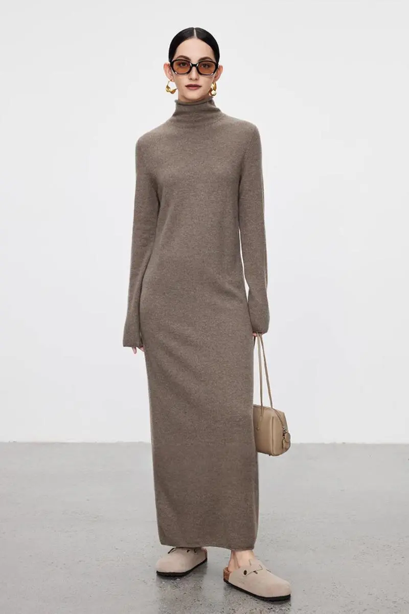 100 Wool Long Sleeve Crewneck Maxi Sweater Dress - HBQMJX