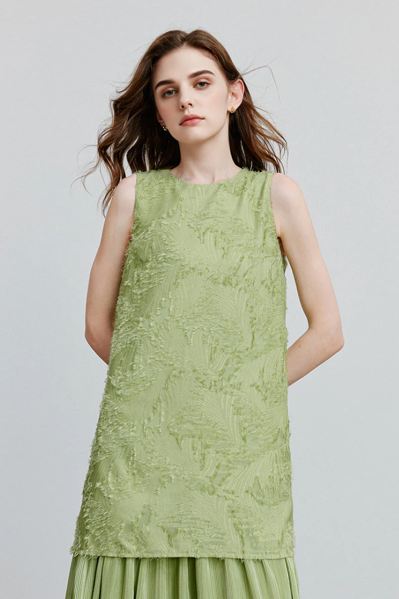 Green Frayed Jacquard Pleated Mixed-Media Midi Dress - HBQMJX