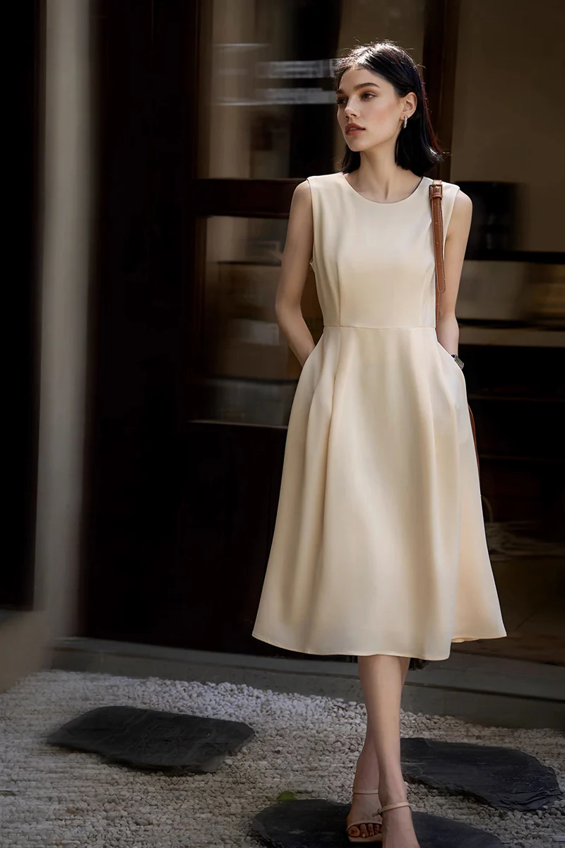 Elegant Acetate Sleeveless Fit & Flare Midi Dress - HBQMJX