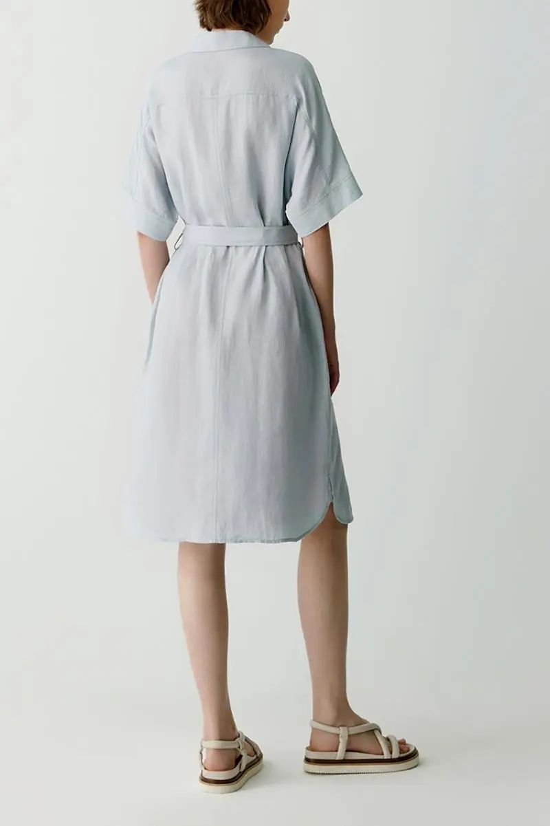 100% Linen Midi Shirt Dress With Belt - HBQMJX