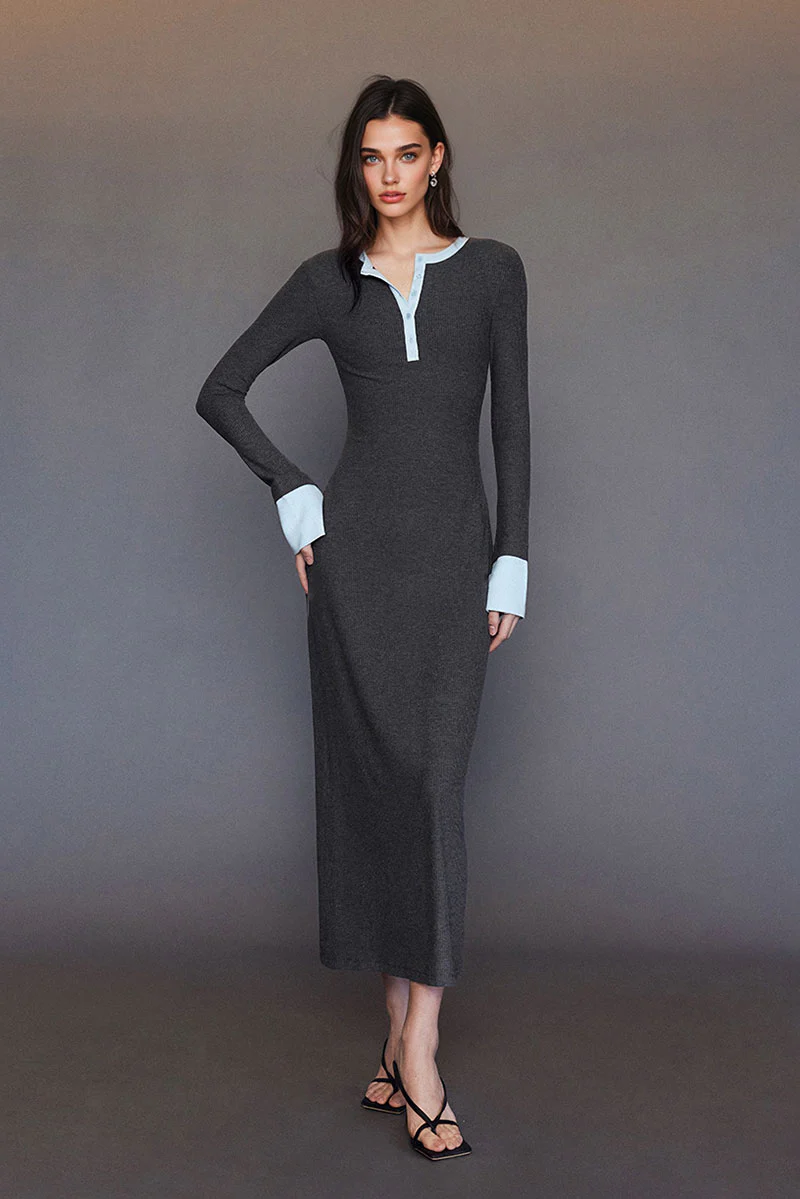 Long Sleeve Ribbed Bodycon Maxi Dress with Contrast Trim - HBQMJX