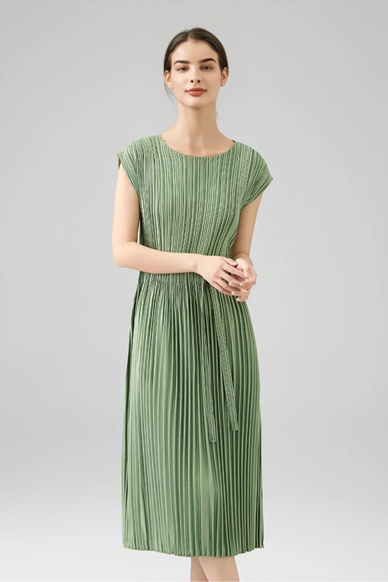 Designer Inspired Pleated Cap-Sleeve Dress with Belt - HBQMJX