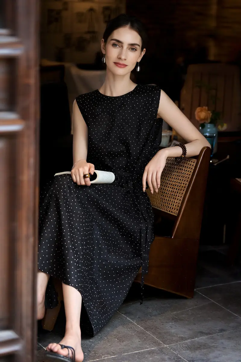 100 Linen Polka Dot Sleeveless Midi Dress with Pockets - HBQMJX