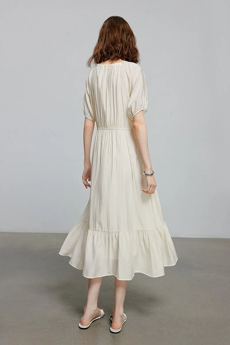 White Textured Vacation Midi Dress with Beaded Neckline - HBQMJX