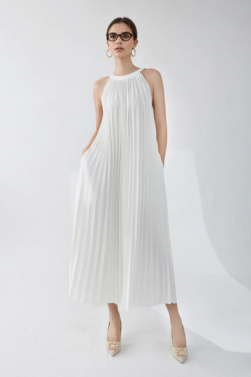 Designer Inspired Pleated Flowy Halter-Neck Midi Dress in White - HBQMJX