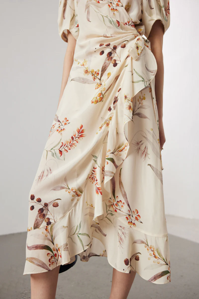 100 Mulberry Silk Floral Puff-Sleeve V-Neck Ruffle Wrap Midi Dress - HBQMJX