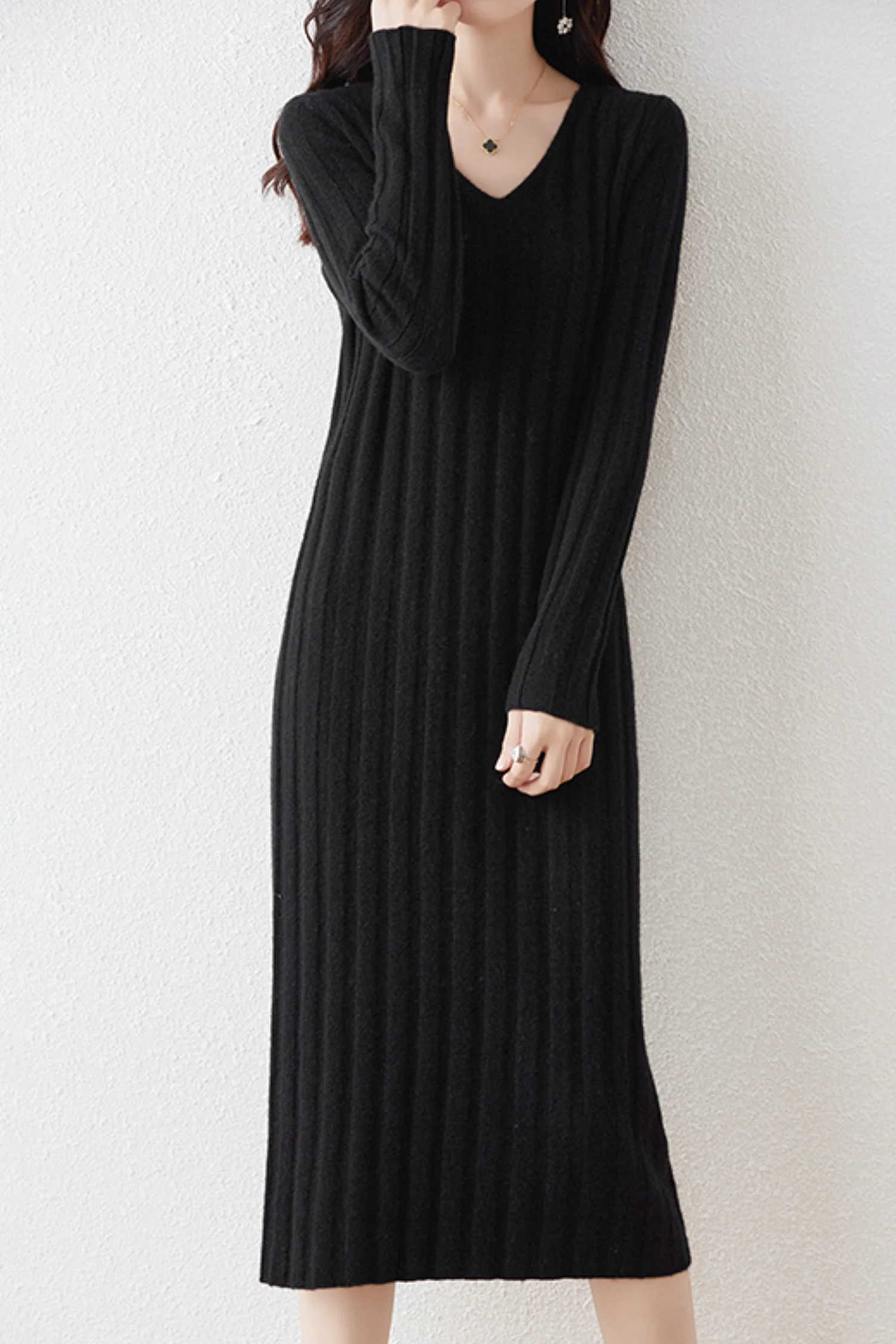 100% Merino Wool Long Sleeve Wide-Rib Midi Sweater Dress - HBQMJX