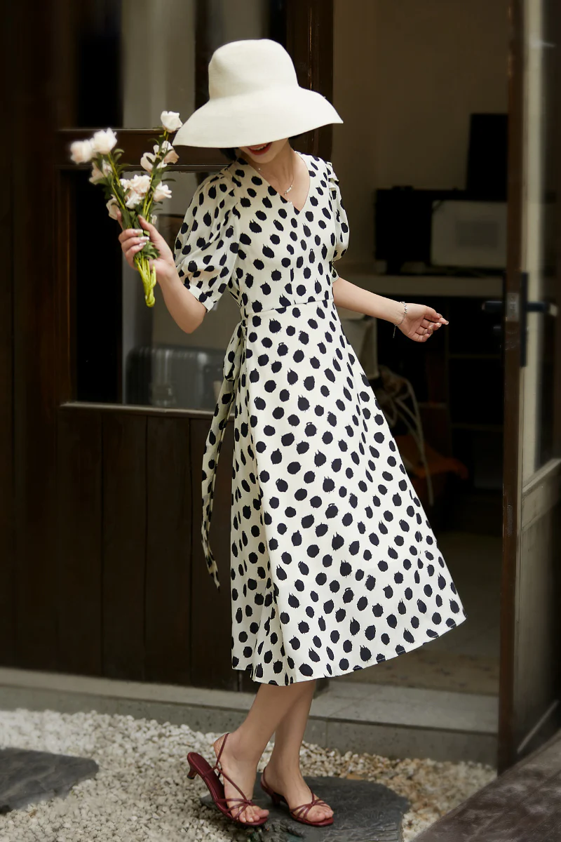 100% Silk Polka Dot Crepe A-Line Midi Dress - HBQMJX