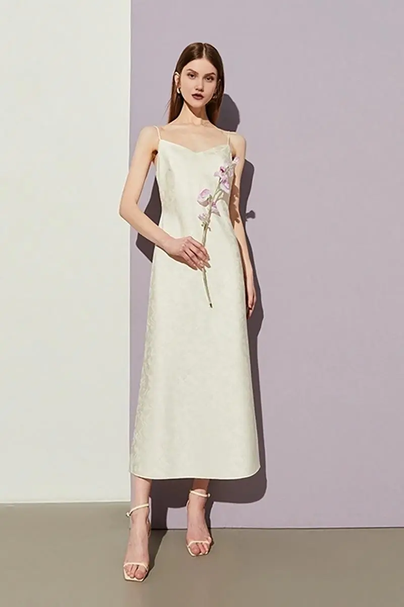 Elegant Jacquard Satin Slip Maxi Dress - HBQMJX