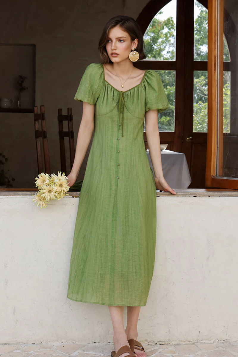 Olive Green Lyocell V-Neck Puff-Sleeve Midi Dress - HBQMJX