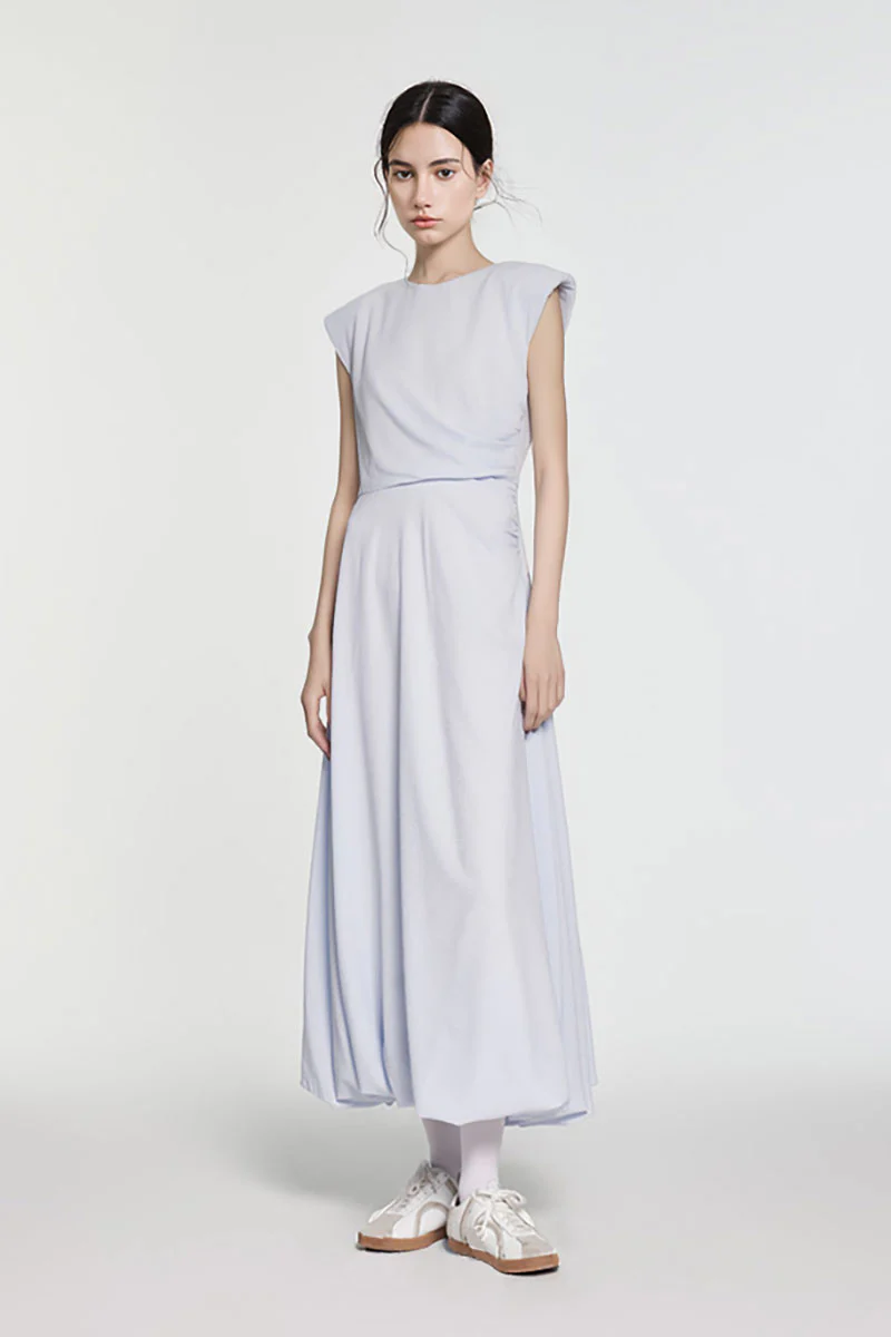 Minimalist Cap-Sleeve Ruched-Waist Bubble Midi Dress - HBQMJX