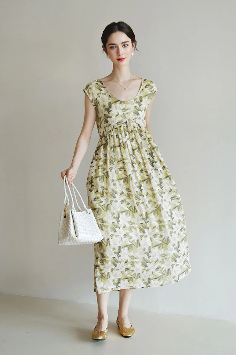 Pure Ramie Floral Sleeveless Scoop-Neck Midi Dress - HBQMJX