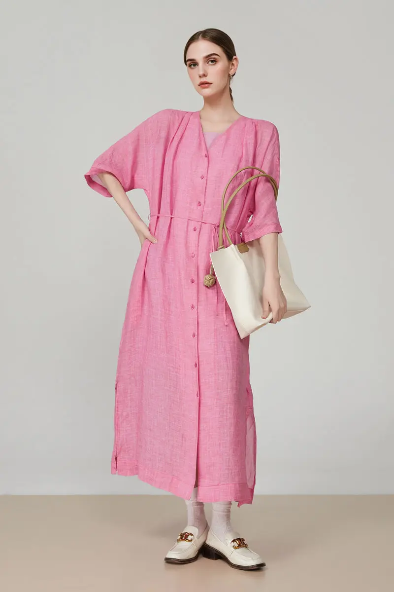 100 Ramie Pink Belted Shirt Midi Dress - HBQMJX