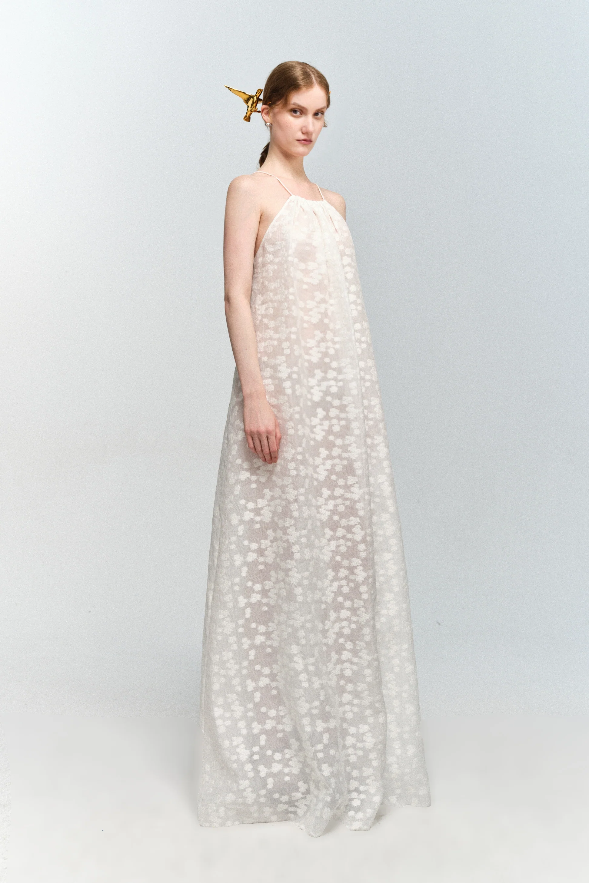 Halter Neck White Floral Jacquard Dress - HBQMJX