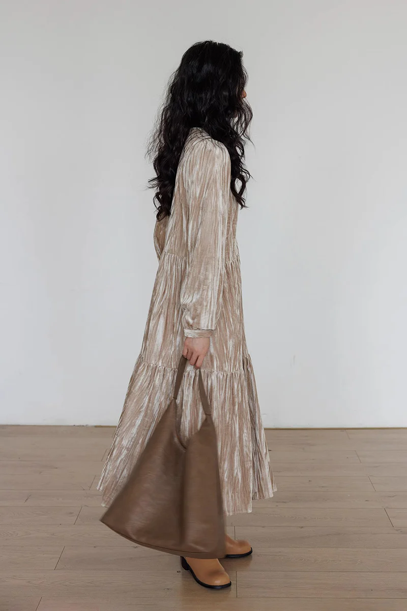 Tiered Long-Sleeve Button-Down A-Line Velvet Midi Dress - HBQMJX