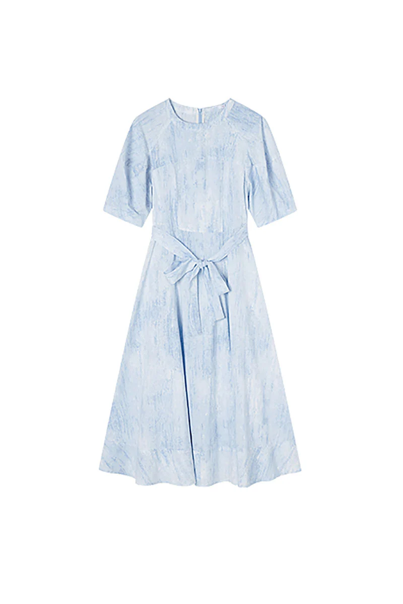 Blue Puff-Sleeve Flare Midi Dress with Belt - HBQMJX