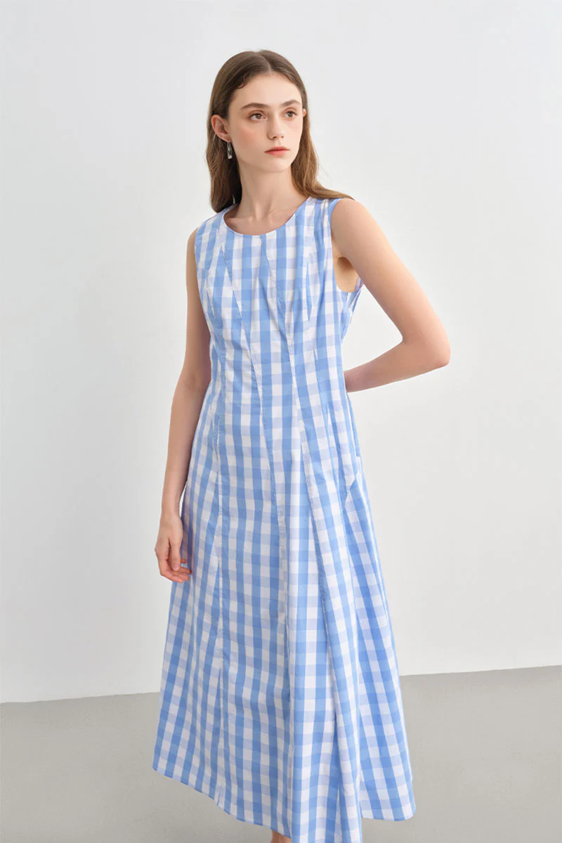 Blue Gingham Sleeveless A-Line Midi Dress - HBQMJX