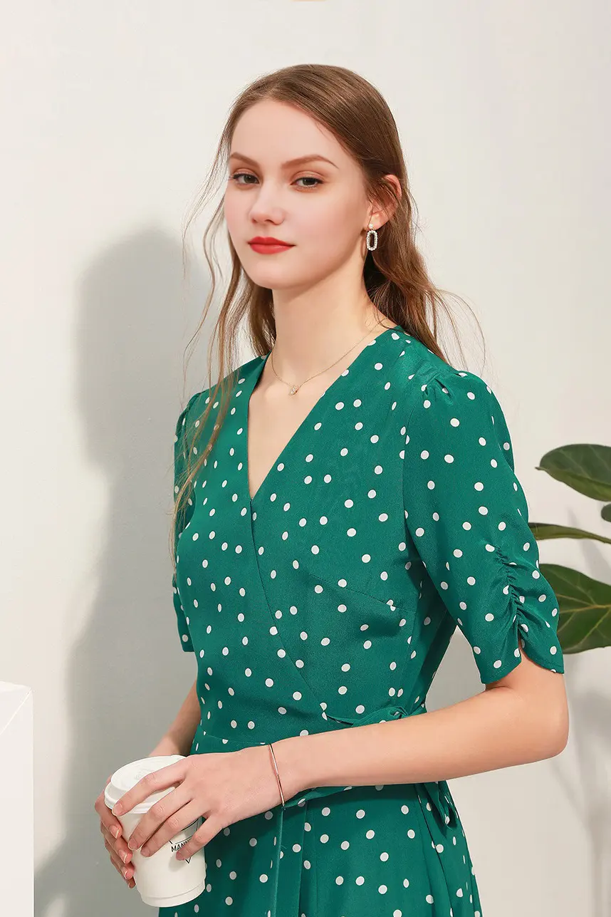 V-Neck Polka Dot Silk Midi Dress - HBQMJX