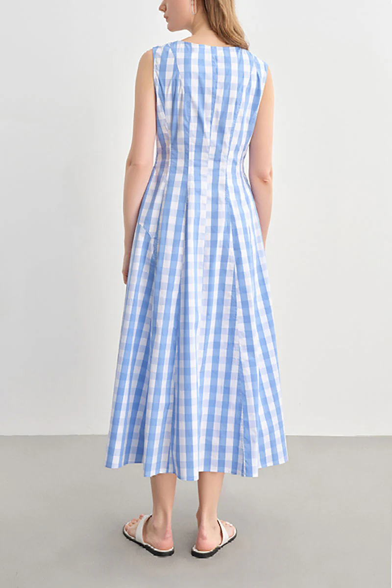 Blue Gingham Sleeveless A-Line Midi Dress - HBQMJX