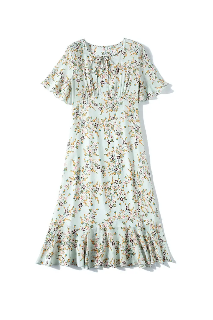 100 Mulberry Silk Short Sleeve Floral Midi Dress - HBQMJX
