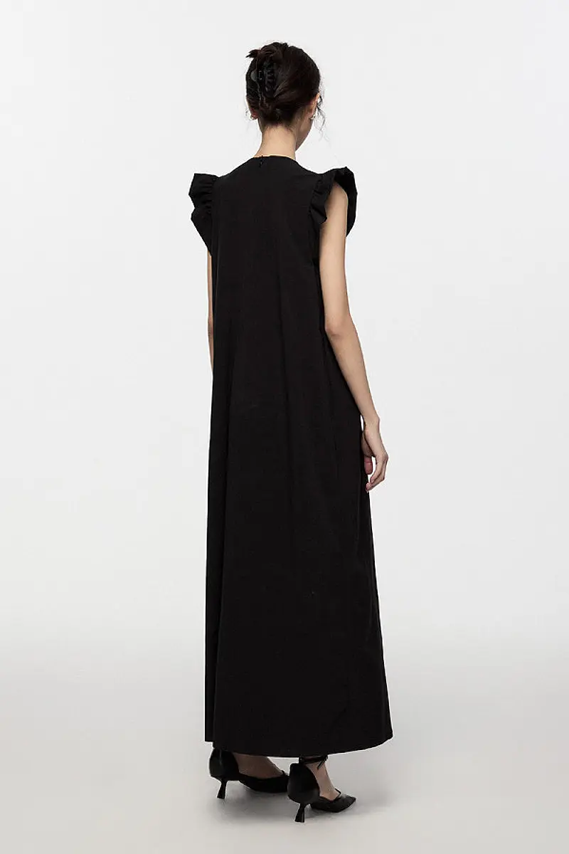 Black Ruffle Cap-Sleeve Trapeze Maxi Dress - HBQMJX
