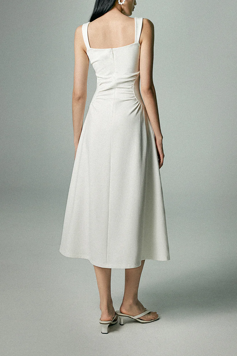 Square Neck Midi Dress with Pleated Waist - HBQMJX