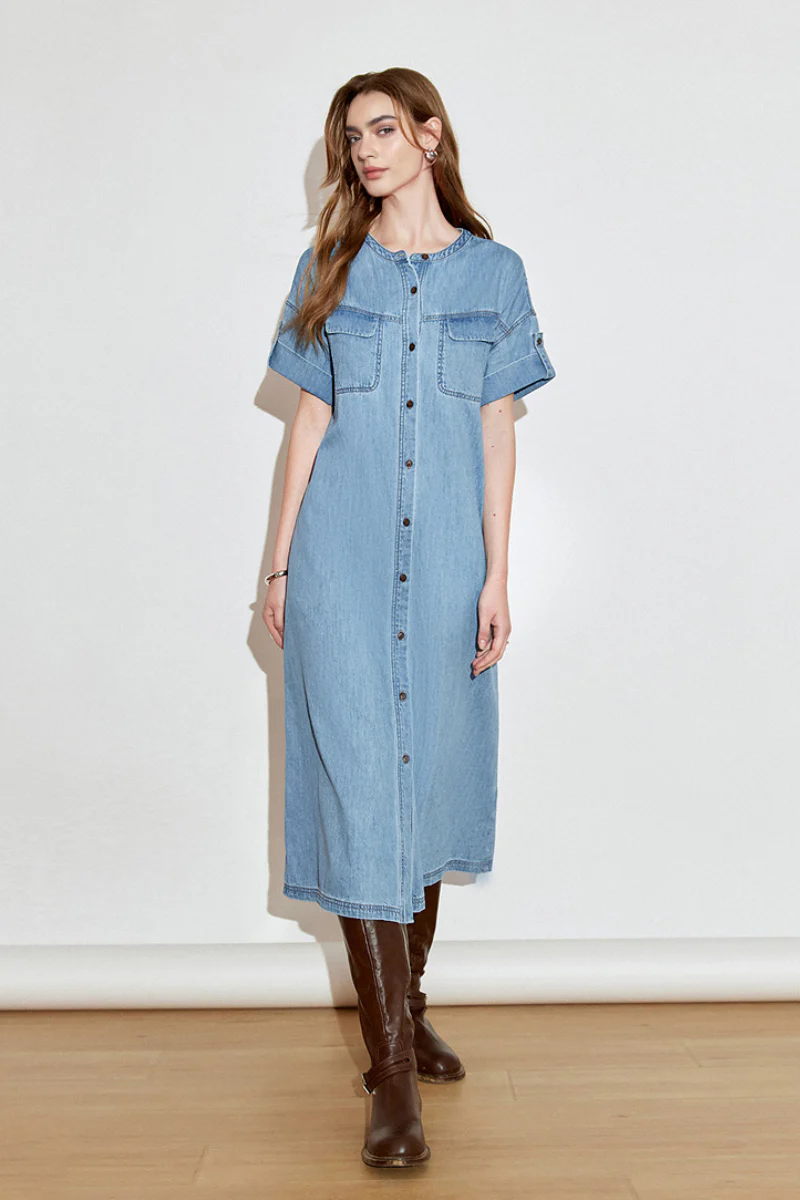 Denim Short-Sleeve Button-Up Belted Midi Shirt Dress with Back Slit - HBQMJX