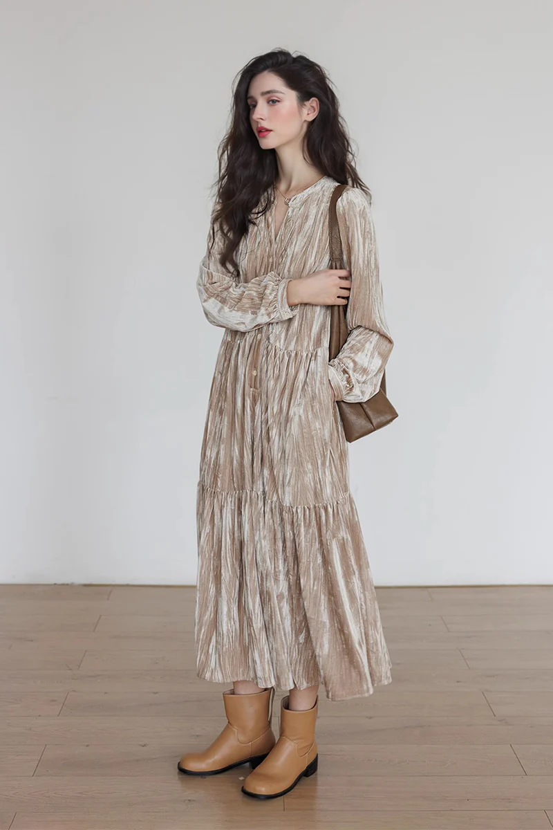 Tiered Long-Sleeve Button-Down A-Line Velvet Midi Dress - HBQMJX