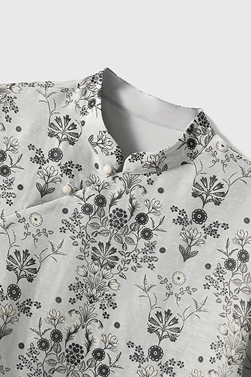 Qipao-Inspired Floral Midi Dress in Linen-Silk Blend - HBQMJX