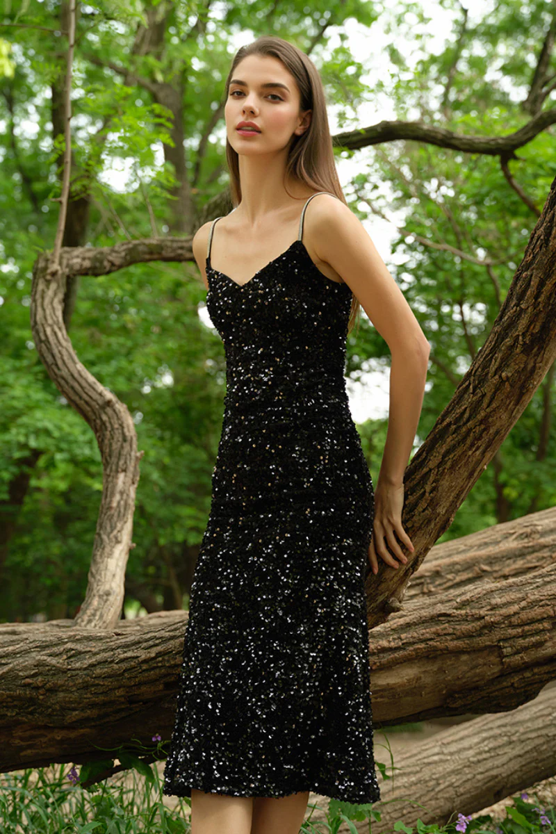 Black Sequin V-Neck Spaghetti-Strap Midi Dress - HBQMJX