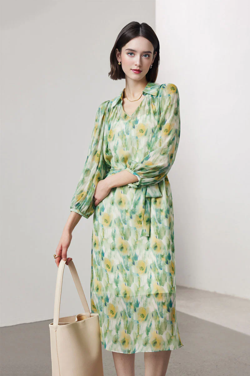 100 Mulberry Silk Floral Balloon-Sleeve V-Neck Collared Midi Dress - HBQMJX