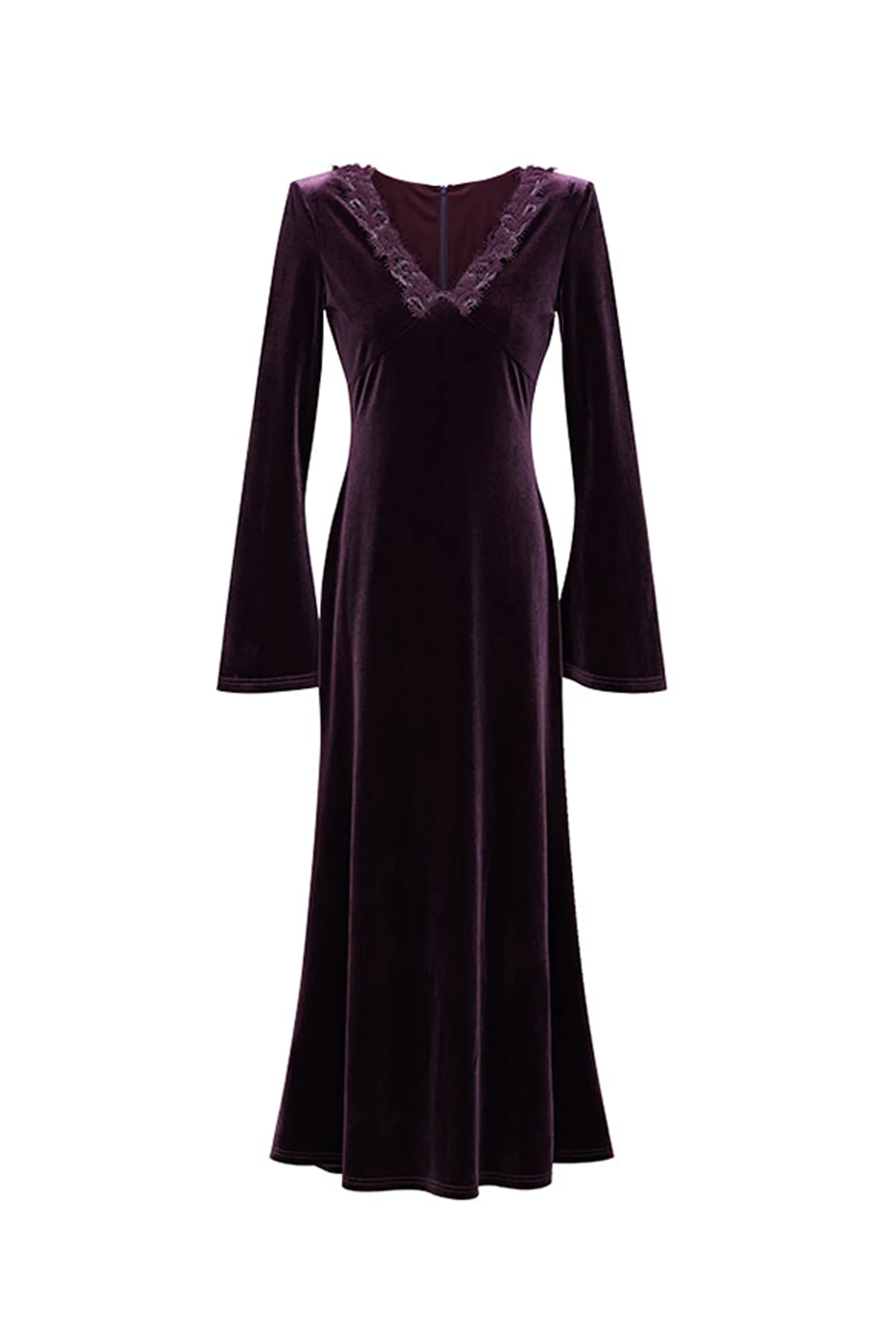 Purple Velvet Long Sleeve Lace V-Neck Maxi Dress - HBQMJX