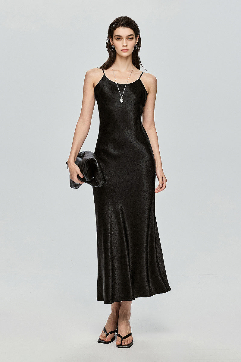 Black Bias Cut Satin Slip Midi Dress - HBQMJX