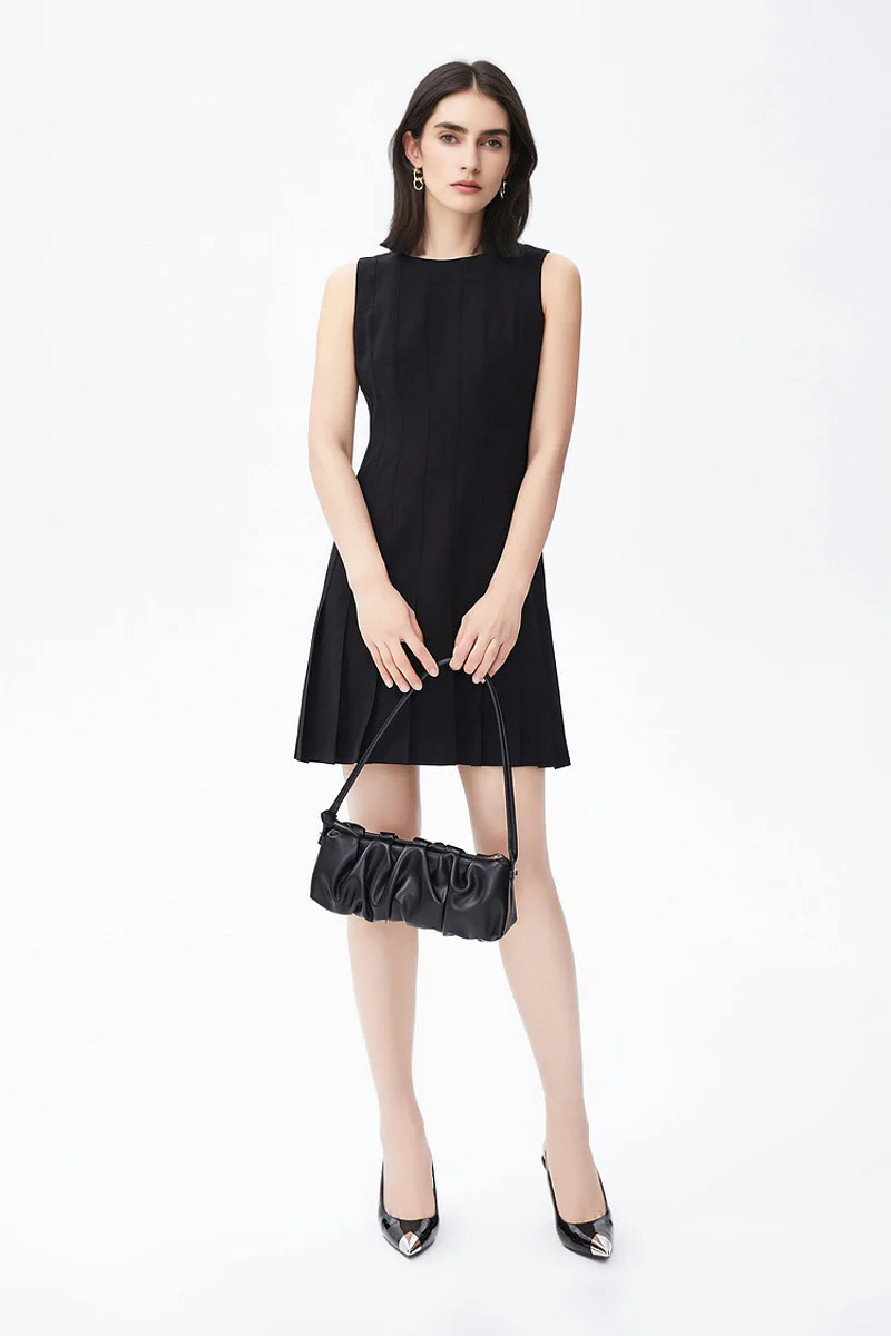 Black Pleated Sleeveless A-Line Mini Dress in Triacetate - HBQMJX