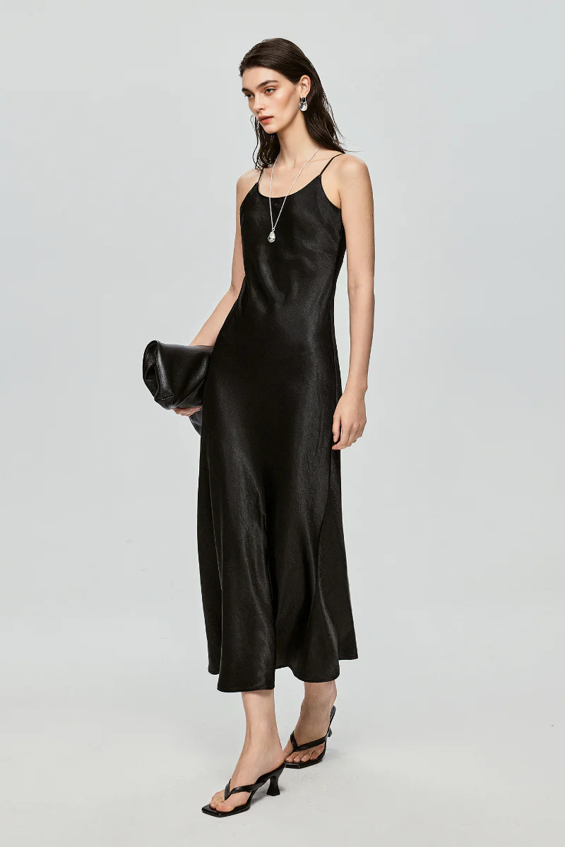 Black Bias Cut Satin Slip Midi Dress - HBQMJX