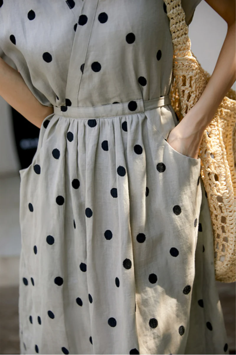 100% Ramie Polka Dot V-Neck Midi Dress - HBQMJX