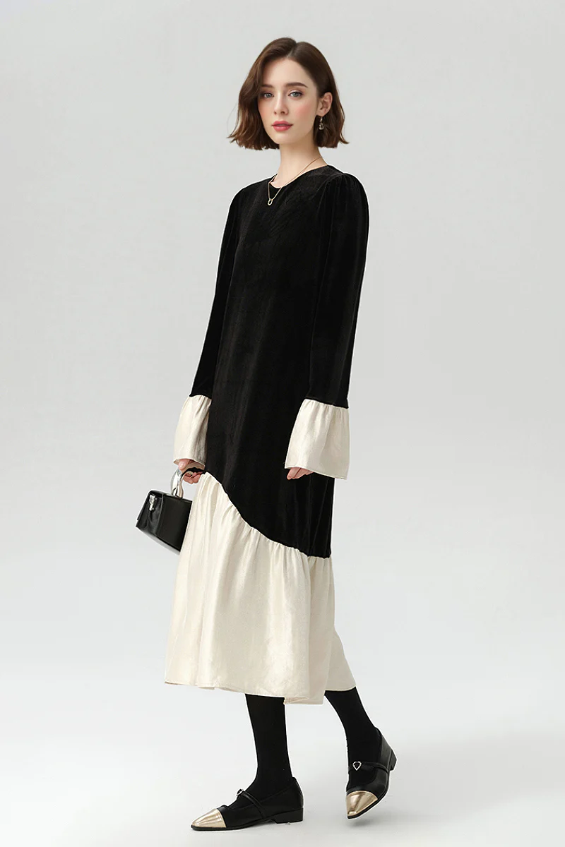 Asymmetric Patchwork Long-Sleeve Velvet Dress - HBQMJX