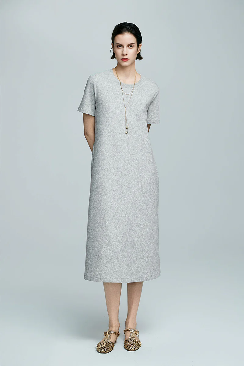 Grey Midi T-Shirt Dress with Pockets - JIEEQQ