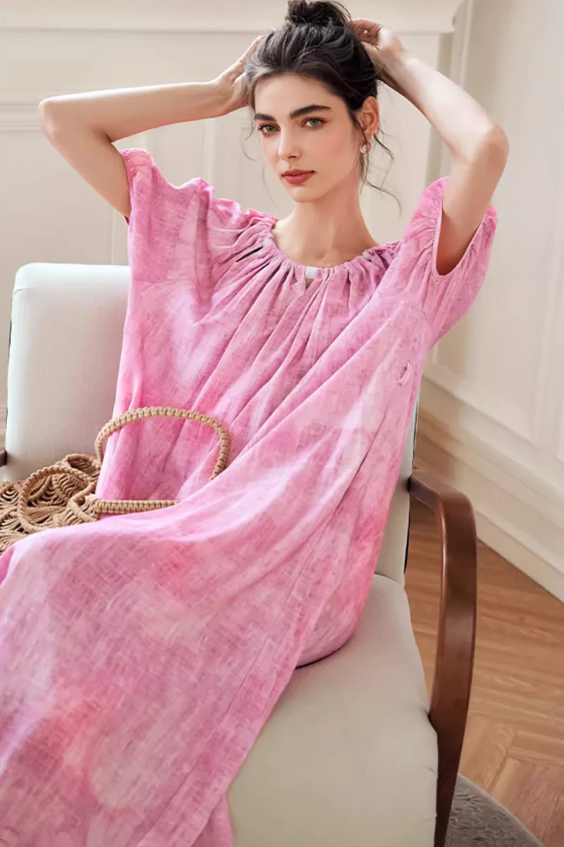 Pink Loose Puff-Sleeve Tie-Dye Midi Dress - HBQMJX